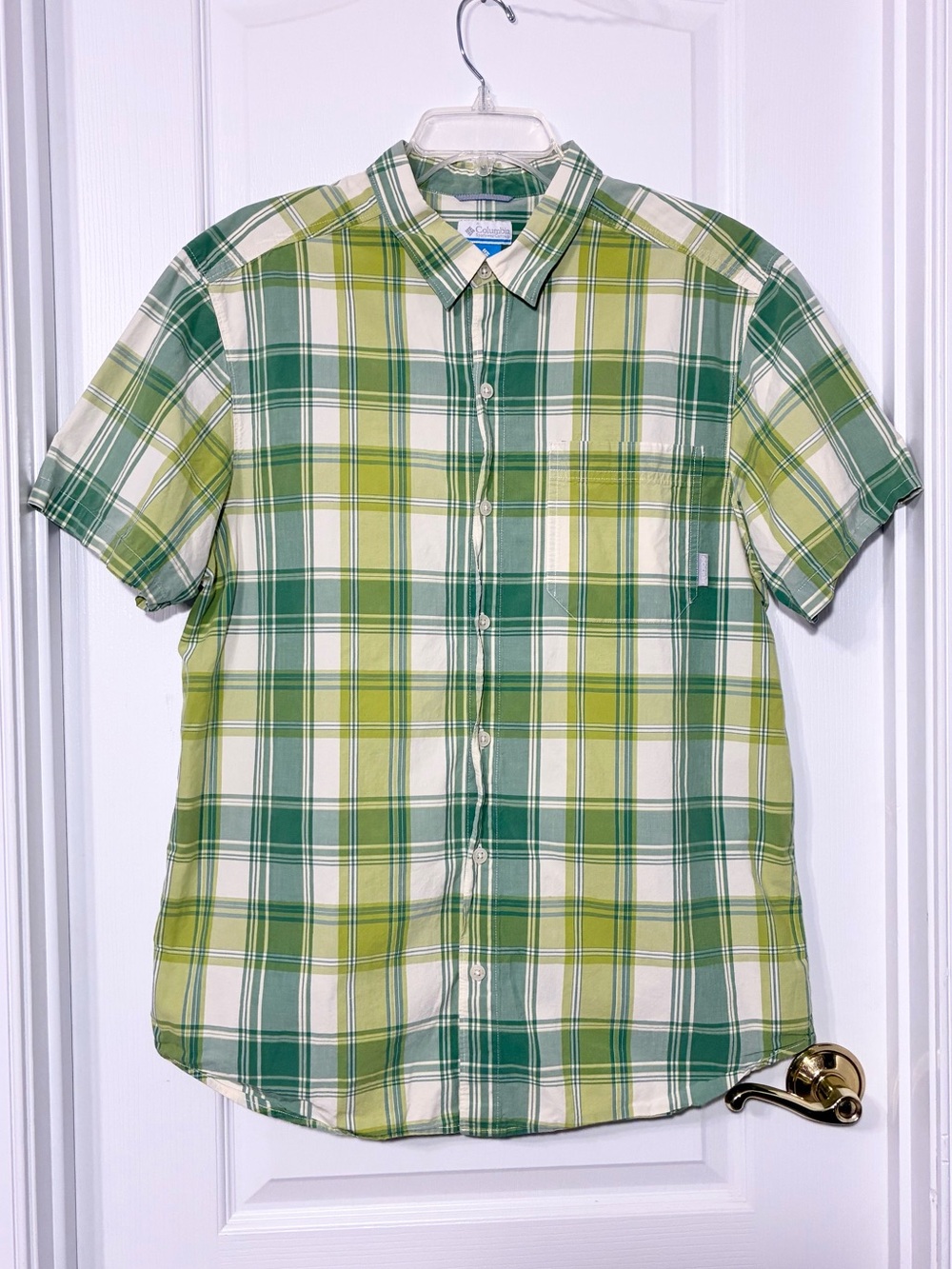 Columbia Plaid Cotton Short Sleeve Button Front Shirt Green Men’s Large